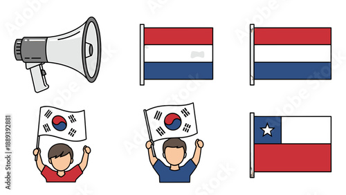 A colorful vector graphic illustration of a megaphone and flags of Netherlands, South Korea, and Chile