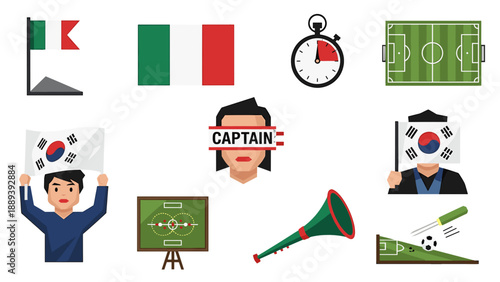 A colorful vector graphic illustration of various soccer themed icons and symbols on a