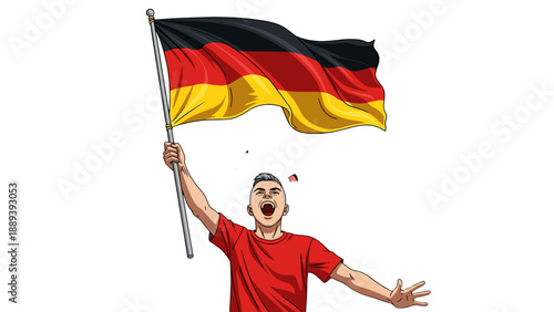 A joyful man waving a German flag in celebration on a