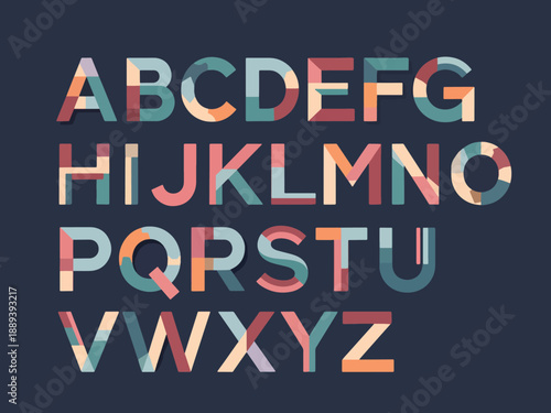 Alphabet letters AZ displayed in rows with multicolored geometric fills on a dark background