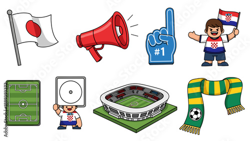 A colorful vector graphic illustration of various soccer themed icons and symbols on a