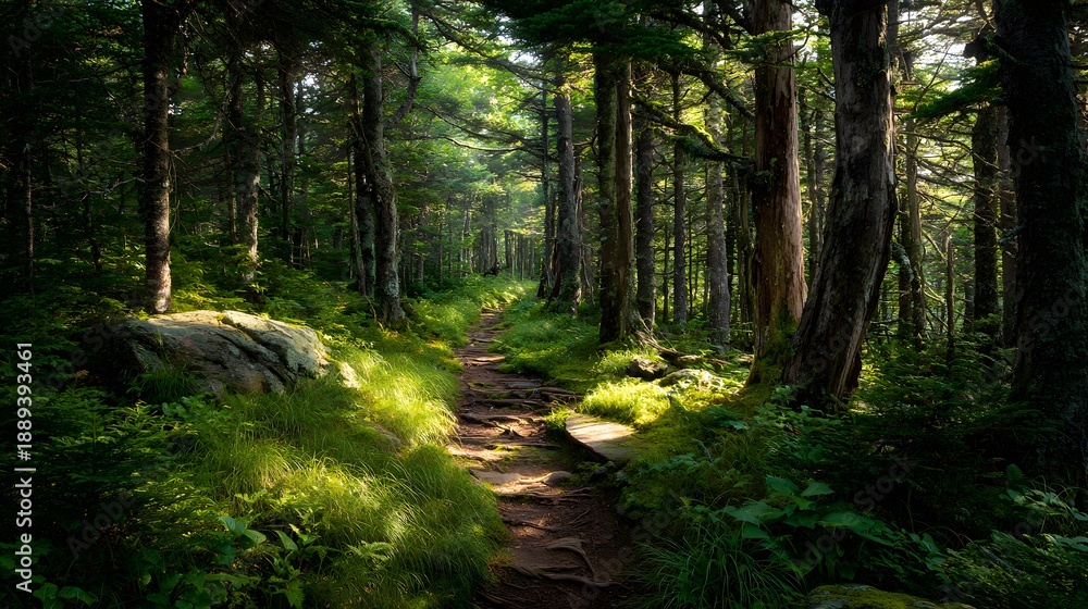 Obraz premium Sunlit Rocky Forest Path Winding Through Lush Green Woodland Trees
