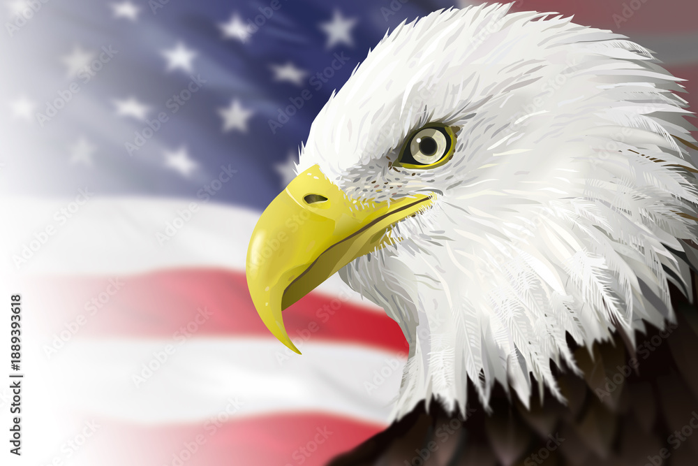 Obraz premium Bald eagle against a waving American flag. Graphic composition. Close-up of the head.