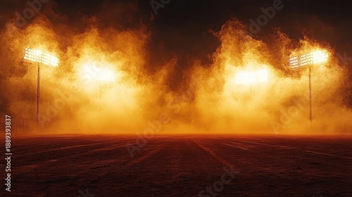 empty sports field lit by four towering floodlights cutting through thick orange smoke and dust, creating a dramatic eerie nighttime atmosphere