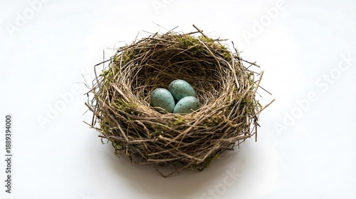 Bird nest with three speckled blue eggs on a white background. Springtime nature and new life concept for Easter celebration.