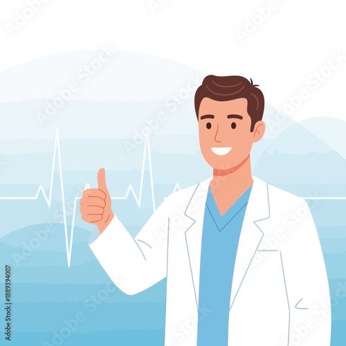 Doctor giving thumbs up with heartbeat line illustration