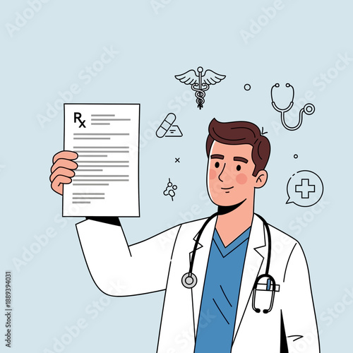 Doctor holding prescription with medical icons on light blue background