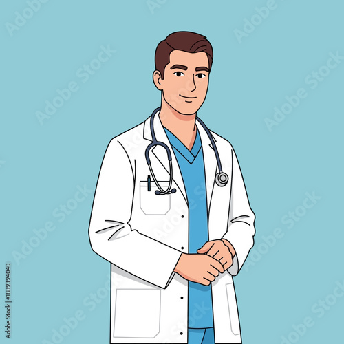 Doctor in white coat with stethoscope, smiling, isolated on blue background