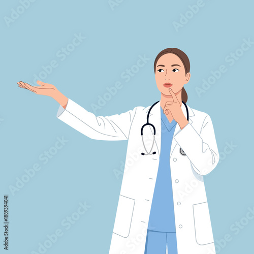 Doctor in white coat with stethoscope, pointing and thinking, isolated on blue background