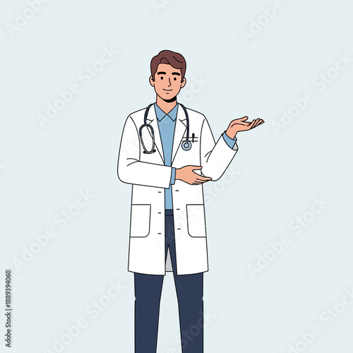 Doctor presenting, white coat, stethoscope, light blue background