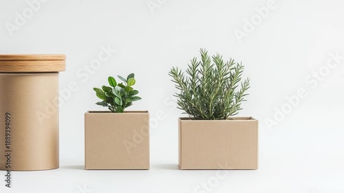 Wallpaper Mural Eco-friendly display cardboard tube, leafy plant, and rosemary in recycled pots Torontodigital.ca