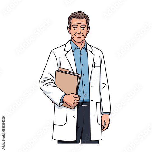 Senior doctor holding folder, white coat, medical professional, clinic staff