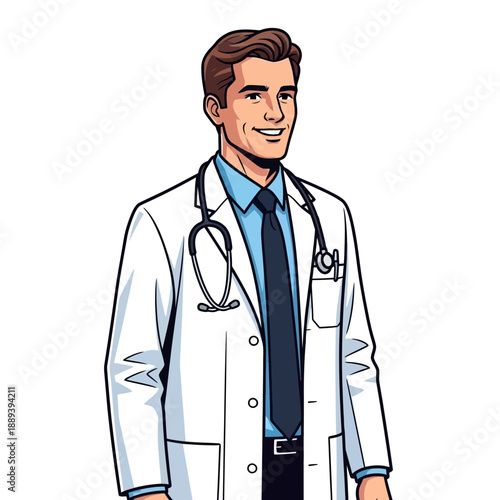 Smiling Male Doctor in Lab Coat with Stethoscope