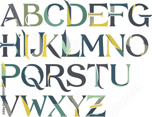 Full uppercase alphabet displayed in stylized multicolored serif letters