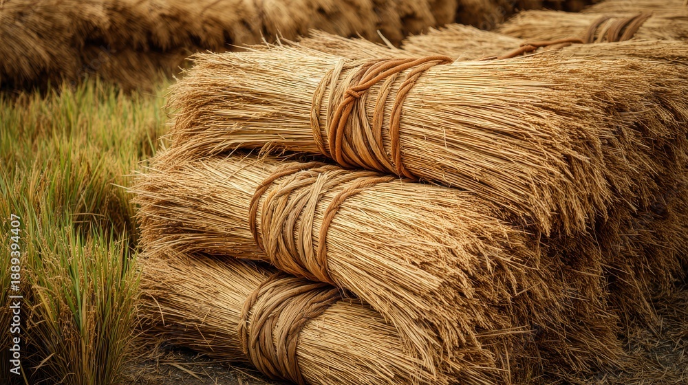 Fototapeta premium A farmer Bundles of wheat being stacked on blurred background