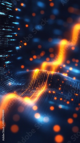 glowing orange data wave flowing over a blue pixelated grid with scattered light particles, a futuristic energetic digital landscape