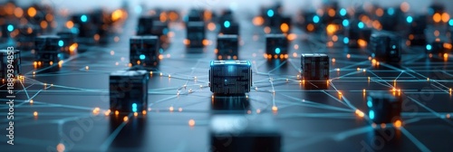 futuristic network of glowing cube servers on a reflective grid connected by illuminated blue and orange links, conveying high-tech connectivity and dynamic energy