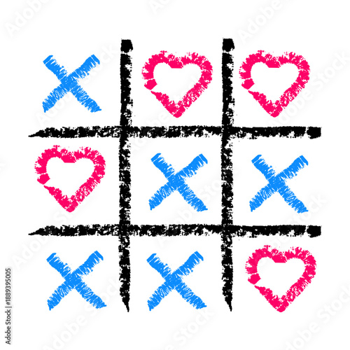 Hand drawn chalk tic tac toe illustration with heart symbols. Textured doodle XO game element with expressive sketch lines.