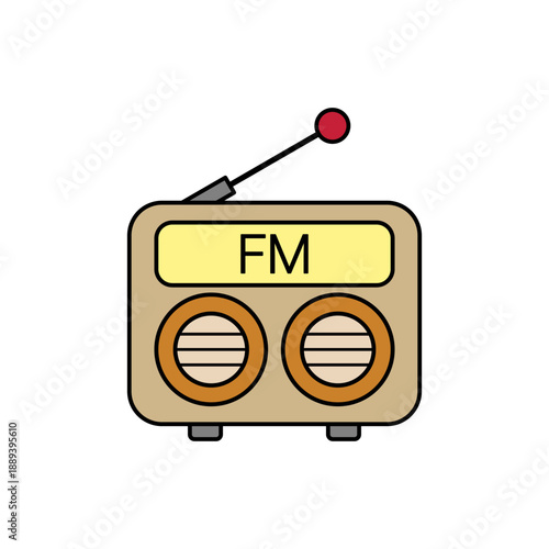 FM radio illustration with twin speakers antenna and flat vintage cartoon style