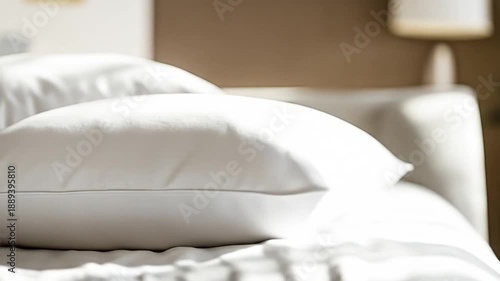 Wallpaper Mural A fluffy white pillow rests prominently on a soft bed, with a tranquil, blurred bedroom background Torontodigital.ca