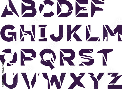 Uppercase alphabet letters in a dark purple fractured stylized font on white