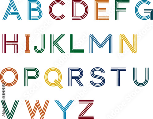 Uppercase alphabet rendered in a retro triline striped style with varied colors
