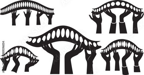 Hands holding up bridges in black silhouette on white background