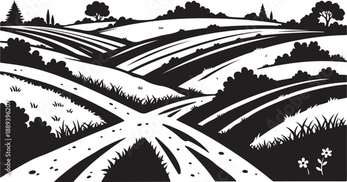 Black and white illustration of rolling hills and countryside landscape