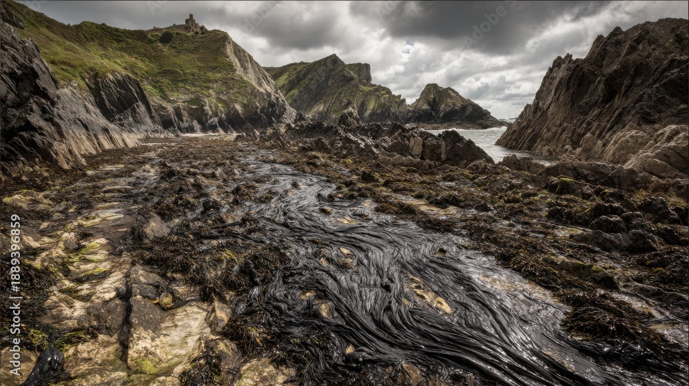Obraz premium Dark Slick Oil-Covered Rocks on a Rugged Coastline Under Dramatic Cloudy Skies