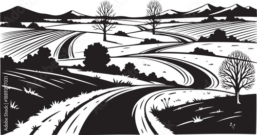 Black and white landscape with winding roads and bare trees