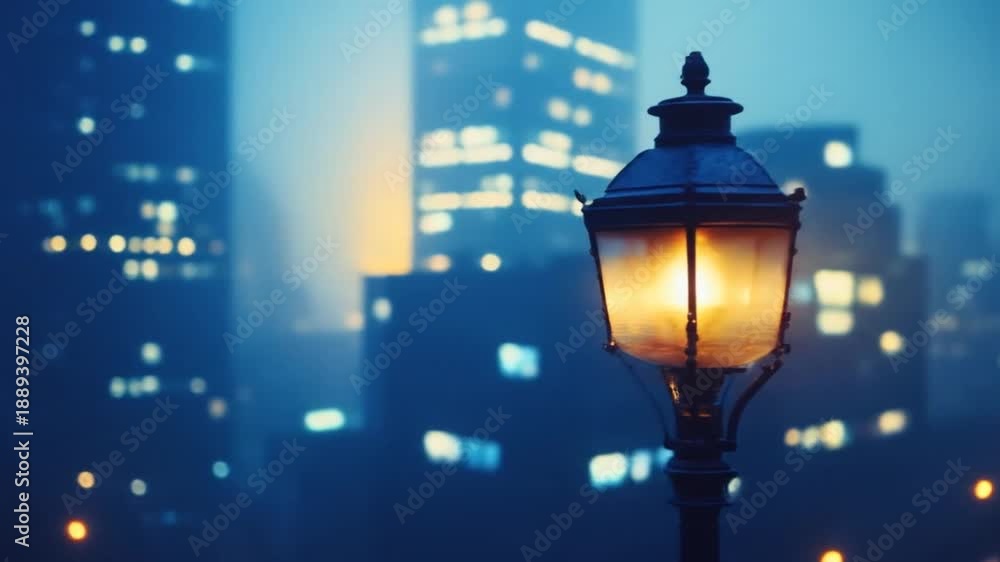 custom made wallpaper toronto digitalWarm glowing streetlamp illuminates a blurred, deep blue cityscape with bright bokeh lights