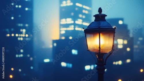 Wallpaper Mural Warm glowing streetlamp illuminates a blurred, deep blue cityscape with bright bokeh lights Torontodigital.ca