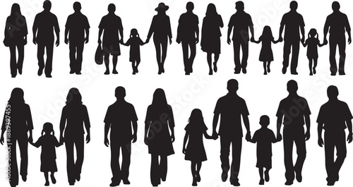 Silhouettes of diverse families walking together in unity and love outdoors