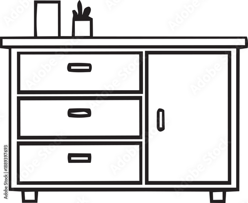 Table with compartments icon, storage table or cabinet with multiple drawers and shelves for organizing items, home furniture illustration, flat vector design