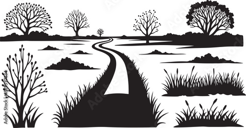 Serene black and white landscape with winding path and trees