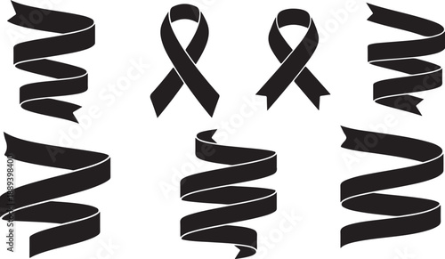 Black awareness ribbons and twisted ribbons on white background