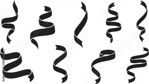 Black ribbons or strips swirling on a white background