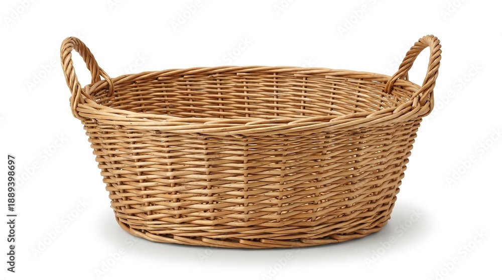 Fototapeta premium Empty woven wicker basket with handles. Natural rustic container for storage or home decor. Harvest and spring concept.