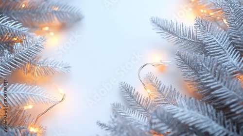 Wallpaper Mural Silver glitter branches frame a white background with warm twinkling lights, festive Torontodigital.ca