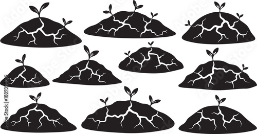Small plants growing in cracked dry soil mounds illustration set
