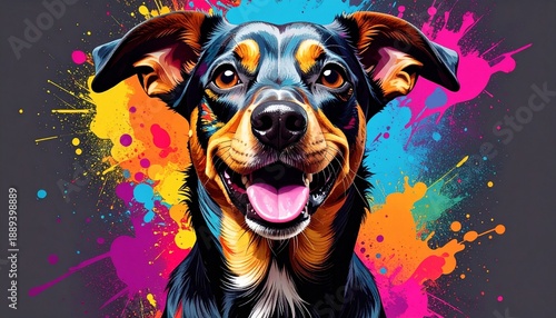 Vibrant Dog Portrait with Colorful Splatter Art Background - Happy Canine.