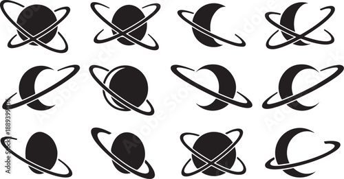 Black planet icons with rings in various phases on white