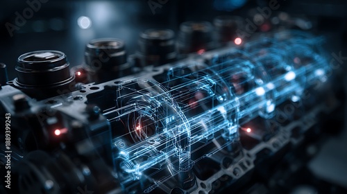 Digital Engine Technology Concept With Holographic Interface.