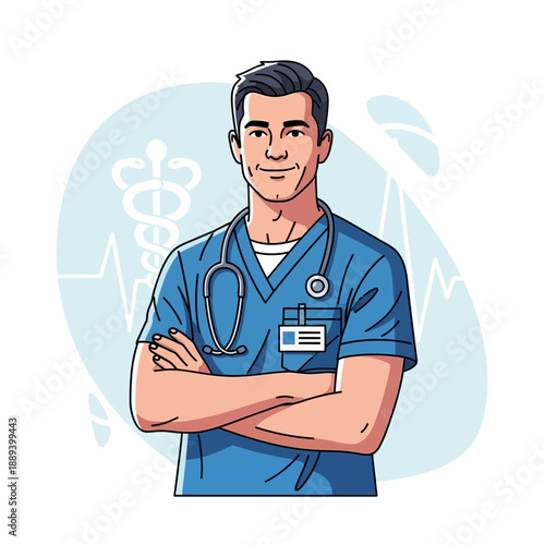 Male doctor in blue scrubs with stethoscope, arms crossed, medical background.