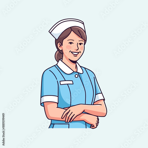 Friendly nurse smiling, wearing blue uniform and white cap