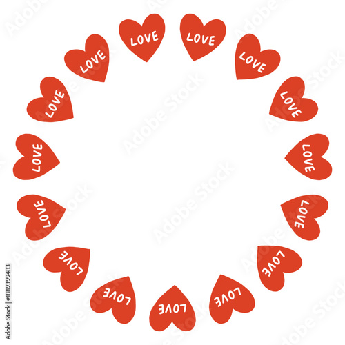 Whimsical vector illustration of a circular frame made of decorative folk style hearts. Cute hand drawn doodle design in red and white, perfect for Valentines Day cards, invitations, posters.