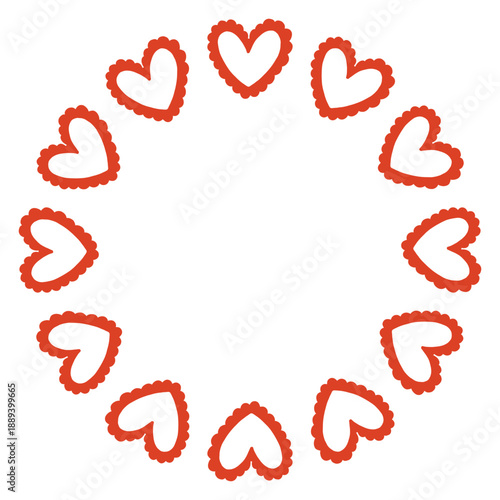 Whimsical vector illustration of a circular frame made of decorative folk style hearts. Cute hand drawn doodle design in red and white, perfect for Valentines Day cards, invitations, posters.