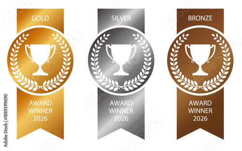 光沢感のある高級デザインの受賞メダルセット
ランキングや実績表示に使える文字フォント編集可能テキスト付きエンブレム　