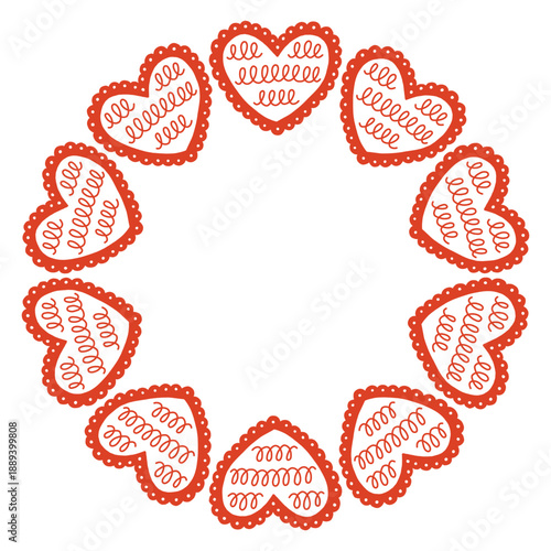 Whimsical vector illustration of a circular frame made of decorative folk style hearts. Cute hand drawn doodle design in red and white, perfect for Valentines Day cards, invitations, posters.
