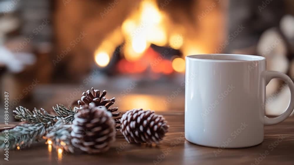 custom made wallpaper toronto digitalCozy scene with a white mug, pinecones, and festive lights on a wooden table by a fireplace
